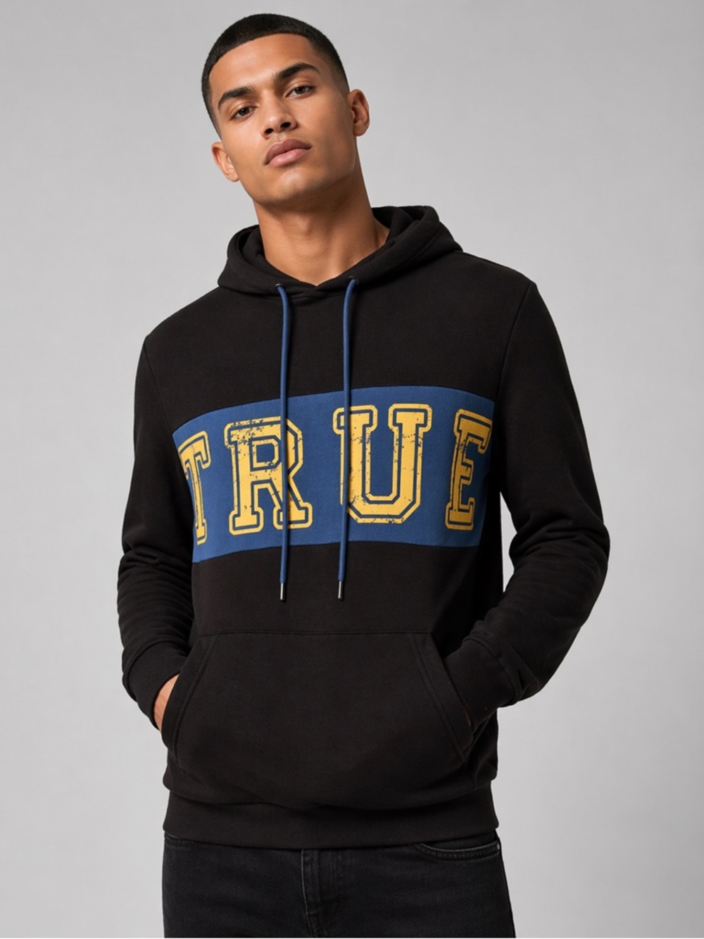 True Religion Contrast Panel Pullover Hoodie Jet Black Style 700022 Size M
